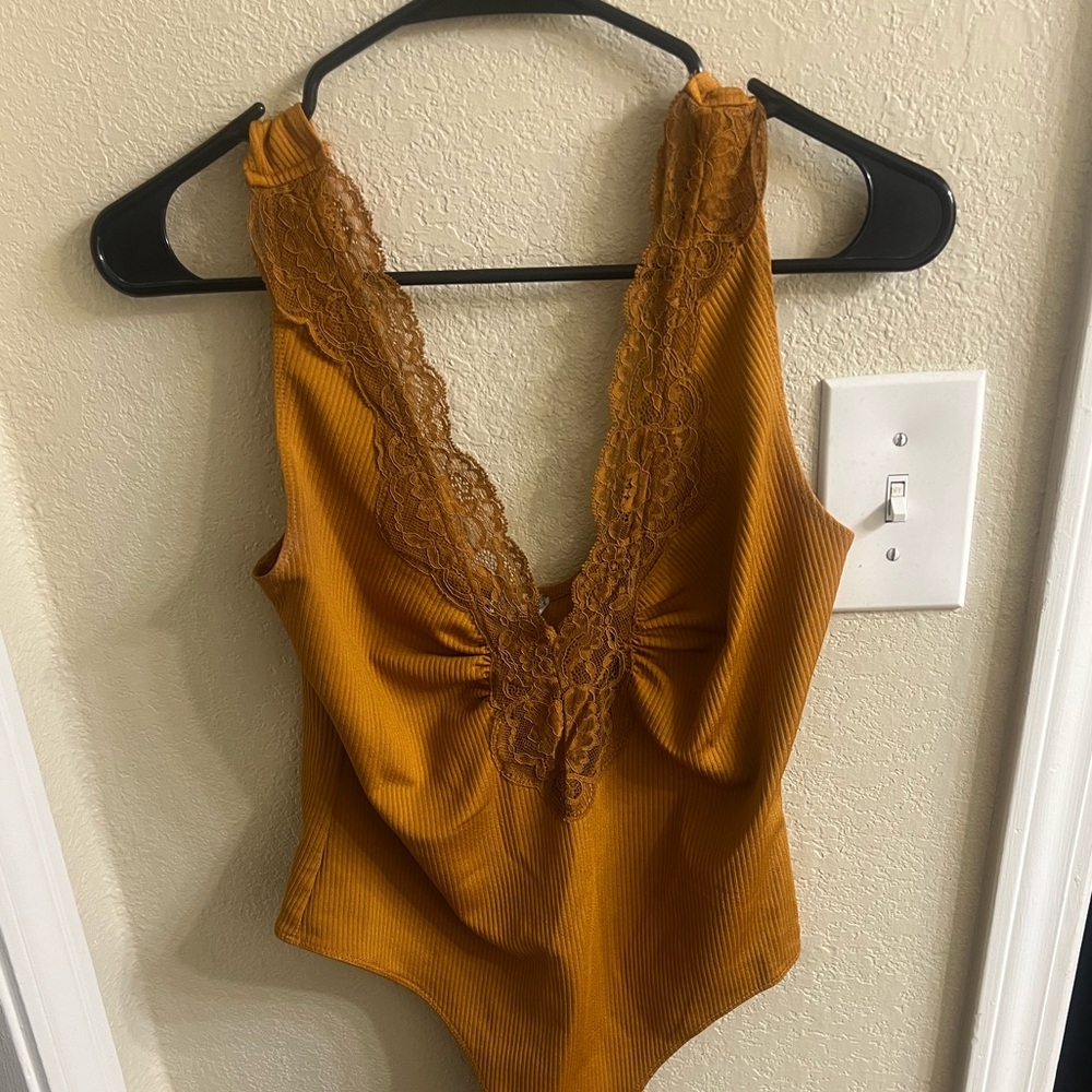 Free People Mustard Lace Bodysuit